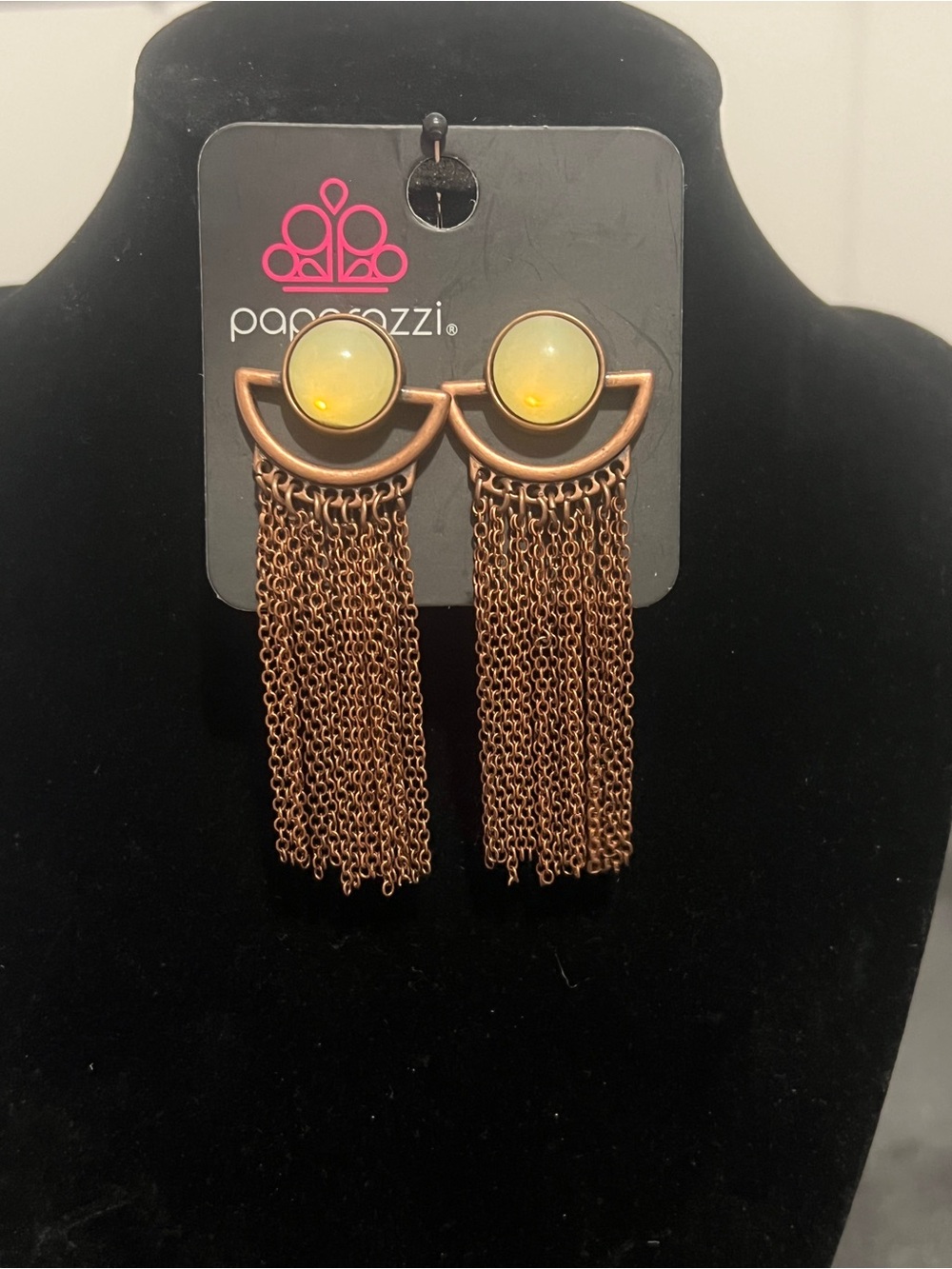 Paparazzi Copper-Tone Yellow Stone Fringe Drop Earrings